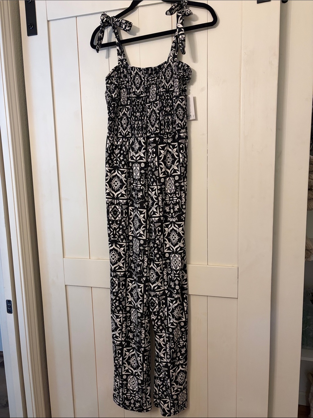 SO Black & White Smocked Tie-Shoulder Printed Jumpsuit